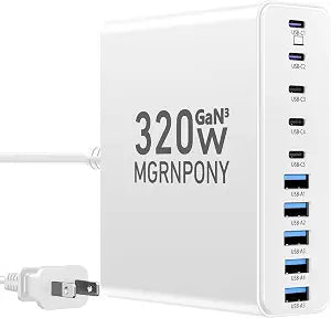 320W USB C Charger Block, MGRNPONY 10-Port GaN USB C Charging Station White