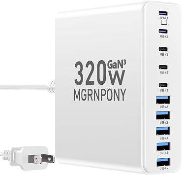 320W USB C Charger Block, MGRNPONY 10-Port GaN USB C Charging Station White