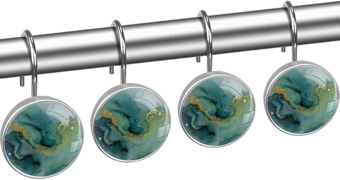 12 Packs Abstract Green Marble Shower Curtain Hooks, Crystal Glass Shower Curtain Rings for Bathroom, Rustproof Metal Curtain Rod Hooks