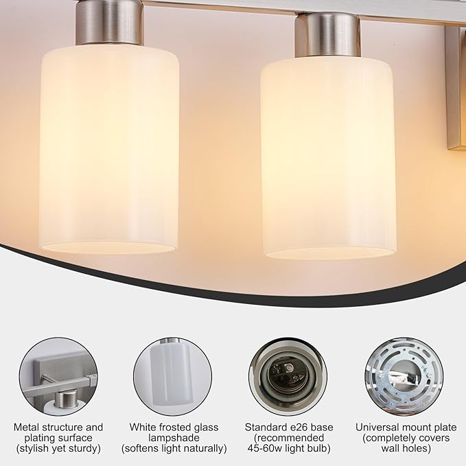 8 Light Bathroom Vanity Light, Brushed Nickel Bathroom Light Fixtures Over Mirror with Milky White Frosted Glass Shades, E26 Socket Modern Vanity Lights Wall Sconce for Bathroom Living Room Bedroom