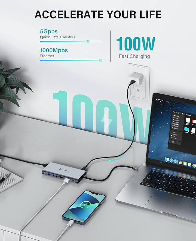 UtechSmart USB C Docking Station Triple Monitor - Universal Laptop Docking Station 12 in 1 for Thunderbolt 3/4, USB C Dock with USB 3.0 and 4K HDMI for MacBook Pro/Air/M1/M2 & Windows Gray