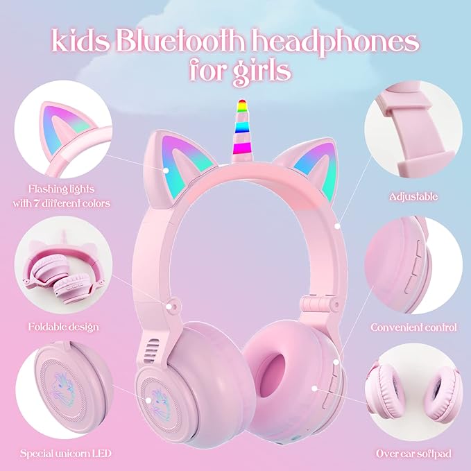 Unicorn Kids Headphones for Girls, Unicorn Bluetooth Headphones Foldable for Girls Toddlers Tablet/pad/Amazon fire,Light Up Kids Wireless Headphone Birthday Gifts (Purple Pink)