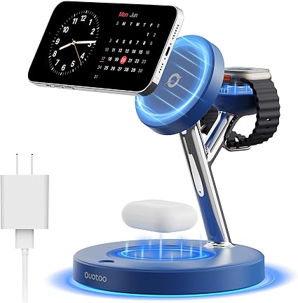 【Adjustable Blue Ambient Light】 Wireless Charger 3 in 1 for iPhone, Magnetic Charging Station for Apple Family,15W Fast MagSafe Charger Stand,for iPhone17-12-iWatch AirPods Series - Image 4