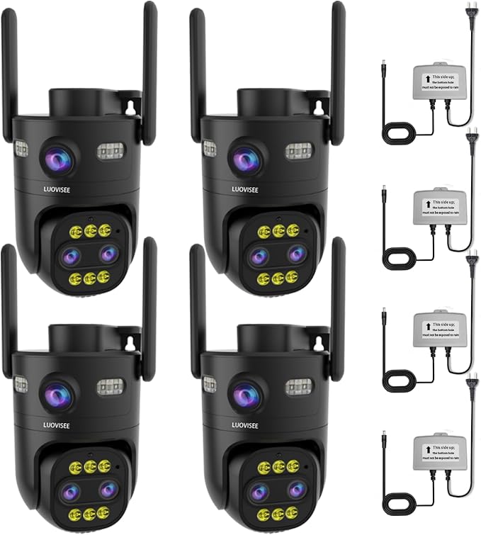 4 Pack Wired Home Camera Outdoor/Indoor with 2K Color Night Vision,AI Human Auto Zoom and Tracking,Pan-Tilt 360° View,Two-Way Audio,Triple-Lens 2.4G/5G WiFi,24/7 Recording,Waterproof