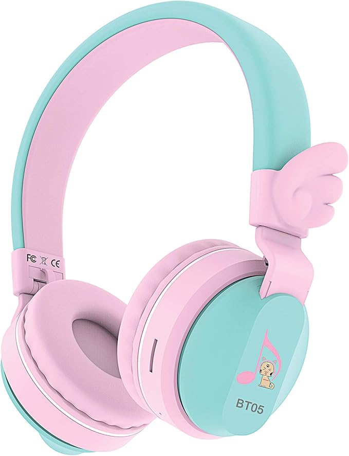 Kids Bluetooth Headphones, Riwbox BT05 Wireless Kids Headphones Over Ear with Volume Limited and Mic/TF Card Compatible for iPad/iPhone/Tablet (Pink&Green)
