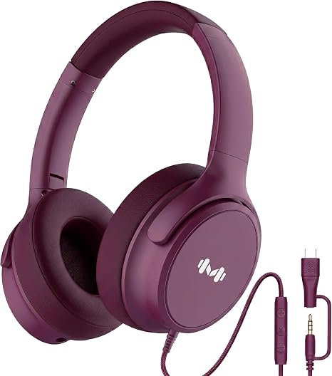 Wired Over-Ear Headphones, Mic, 3.5mm Plug, USB-C Adapter, Red