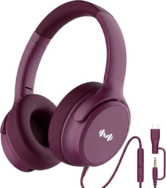 Wired Over-Ear Headphones, Mic, 3.5mm Plug, USB-C Adapter, Red
