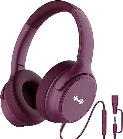 Wired Over-Ear Headphones, Mic, 3.5mm Plug, USB-C Adapter, Red