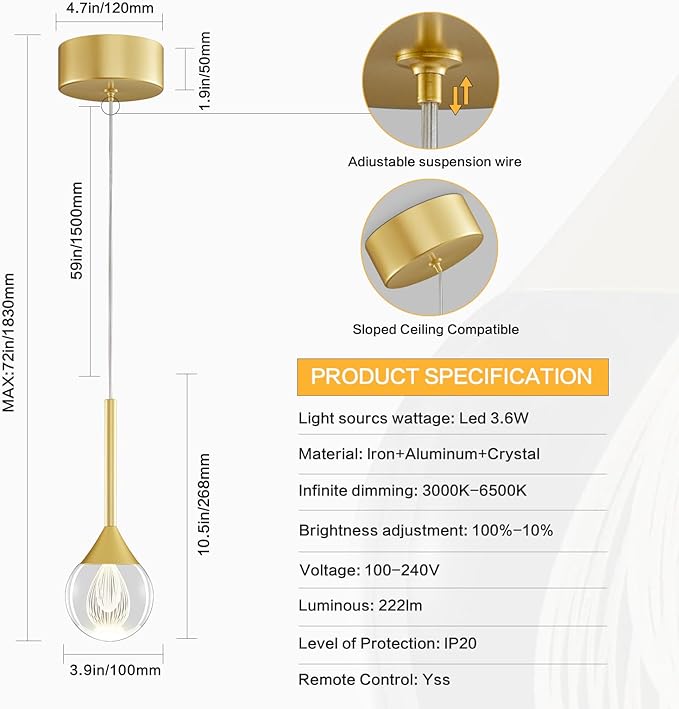 Gold Pendant Lights Kitchen Island – 4W LED Pendant Light with Remote Dimmable 3 Color Temperature Crystal Teardrop Chandelier for Bathroom, Bedroom, and Dining Room (1-Light)