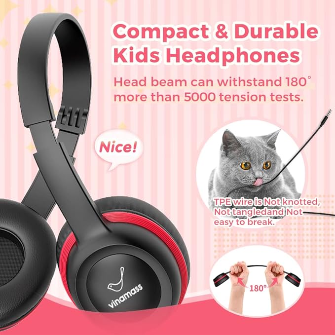 Kids Headphones, Wired Headphones for Kid with Safe Volume Limiter, Kid Headphone with Cord 3.5mm Jack, On-Ear Girls Boys Toddler Headphone for School ﻿