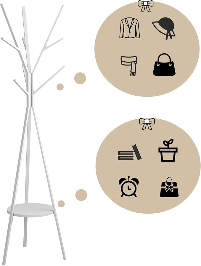 HOME BI Coat Rack Hat Stand Free Standing Display Hall Tree Metal Hat Hanger Garment Storage Holder with 9 Hooks for Clothes Hats and Scarves in Black,17.72" Wx17.72 Dx70.87 H (White)