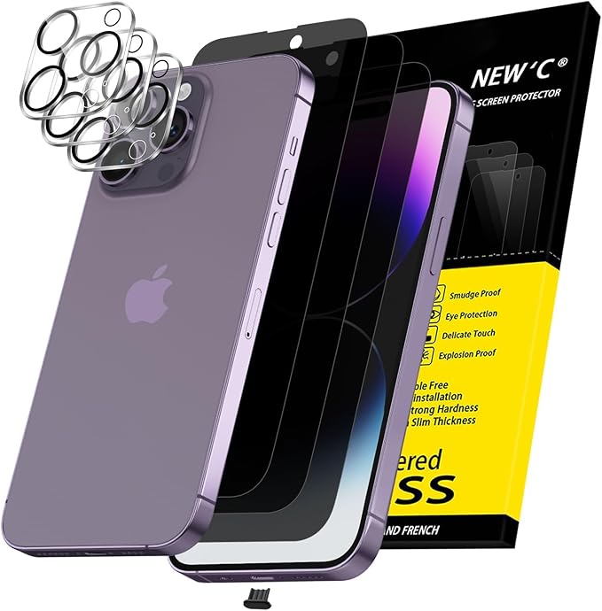 NEW'C 3x Privacy for iPhone 14 Pro Screen Protector (6.1 inches)+ 3x Camera Lens Protector, Sensor Protection,Case Friendly Tempered Glass Film + Dust Plug - Enhanced Privacy Angle of 28 Degrees