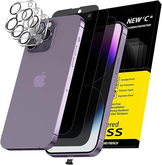 NEW'C 3x Privacy for iPhone 14 Pro Screen Protector (6.1 inches)+ 3x Camera Lens Protector, Sensor Protection,Case Friendly Tempered Glass Film + Dust Plug - Enhanced Privacy Angle of 28 Degrees