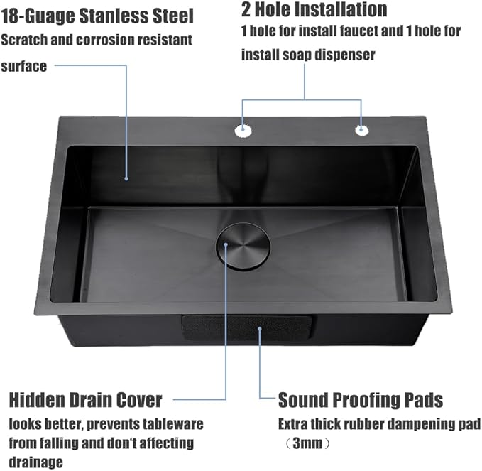 30 inch Drop in Black Kitchen Sink, Single Bowl Stainless Steel Handmade Topmount Kitchen Sinks with Dish Grid and Drain