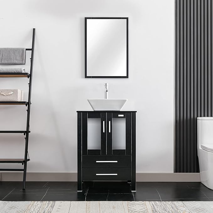 eclife 24" Modern Bathroom Vanity Sink Combo Freestanding Cabinet with Soft Closing Door, White Square Ceramic Vessel Sink, Water Save Faucet, Drain (Black+A07)