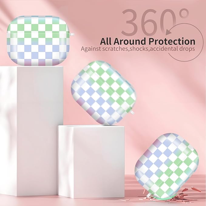 Compatible with AirPods Pro 3rd Generation 2025 Case Cover with Gold Keychain - Cute Protective Hard AirPod Pro 3 Cases for Women - Colorful Checkerboard