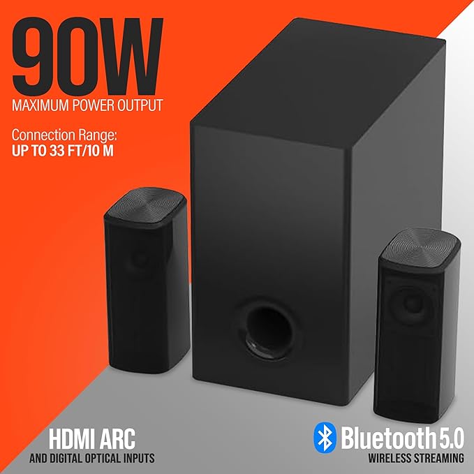 HyperGear SB51a 5.1 Surround Sound System for TV – 90W Home Theater Sound System, Soundbar, Subwoofer & Dual Speakers w/Bass, HDMI ARC & Optical Inputs for 4K/8K UHD TVs, Wall-Mountable Speakers