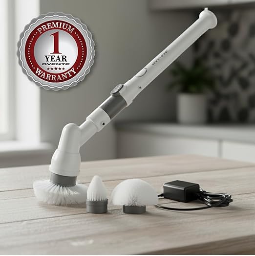 OVENTE Electric Spin Scrubber, Cordless Power Scrubber with 3 Brush Head, Adjustable Extension Handle, Waterproof Perfect for Cleaning Toilet, Shower, Bathroom Tub and Tile Floor, White CTB123WGY