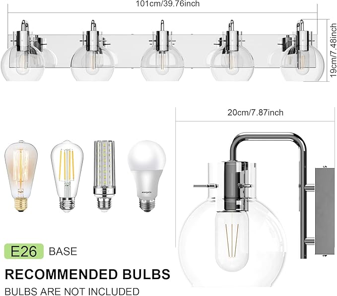 Tipace 5 Lights Stainless Steel Modern Bathroom Vanity Light Fixtures Over Mirror Chrome Industrial Vanity Lights with Globe Clear Glass Farmhouse Bath Lighting(Exclude Bulb)