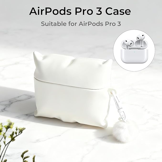 for AirPods Pro 3 Case 2025 - Cute White Pillow Cover with Pendant Keychain,Soft Shockproof for AirPods Pro 3rd Generation, for Girls Women Kids