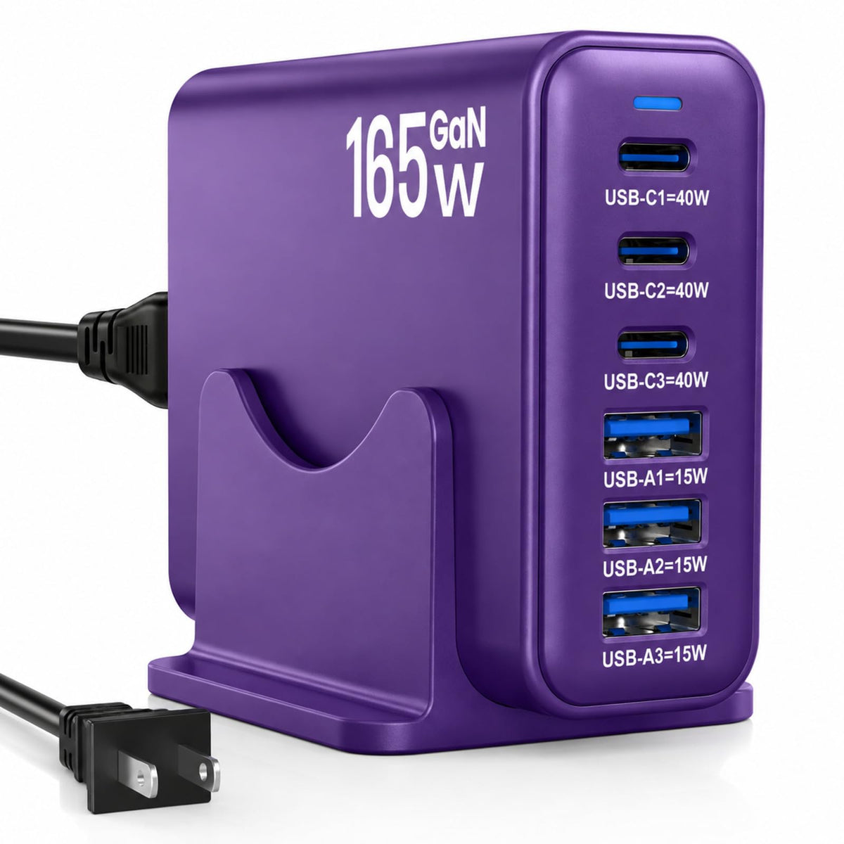 165W GaN Charger Station,6 Port USB C Desktop Fast Charger, Purple