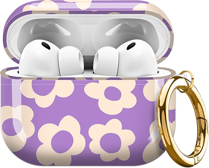 Compatible with AirPods Pro 3 (2025) Case, Airpod Pro 3 Protective Cover with Cute Golden Keychain for Girls & Women (Cute Groovy Purple Flower)