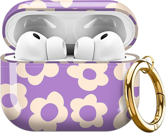 Compatible with AirPods Pro 3 (2025) Case, Airpod Pro 3 Protective Cover with Cute Golden Keychain for Girls & Women (Cute Groovy Purple Flower)