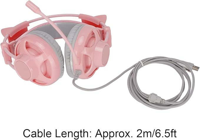 Cute Pink Cat Ears Gaming Headset for, 7.1 Surround Headband Wired Gaming Headset Bass Surround and Noise Cancelling with Mic for Laptop PC Smartphones (Grey and Pink)
