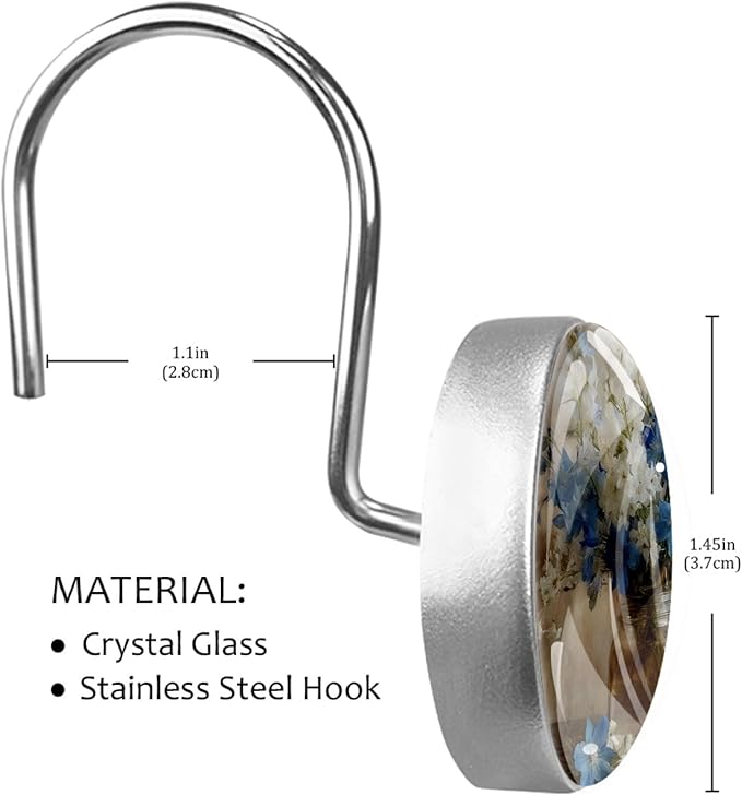 12 Packs Vintage Flowers Vase Shower Curtain Hooks, Stainless Steel Glass Shower Curtain Rings for Bathroom Decor, Metal Rustproof Curtain Rod Hooks