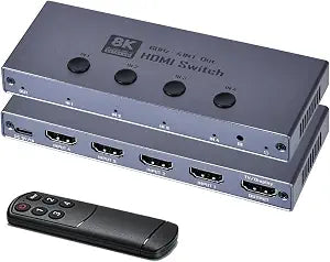 8K HDMI 2.1 Switch, HDMI 2.1 Switcher 4 in 1 Out Supports CEC 8K@60Hz, 4K@240Hz, 1080P@480Hz, HDCP 2.3 HDR 3D Dolby Atmos VRR Compatible with PS5 Xbox Blu-Ray Player with IR Remote Controller