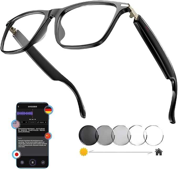 AI Smart Wireless Bluetooth Translation Glasses for Men/Women with Speakers/Bluetooth&140+ Languages Translation Sports/Travel/Drive/Busniess (M1+AI+Color Change Lenses+Black)
