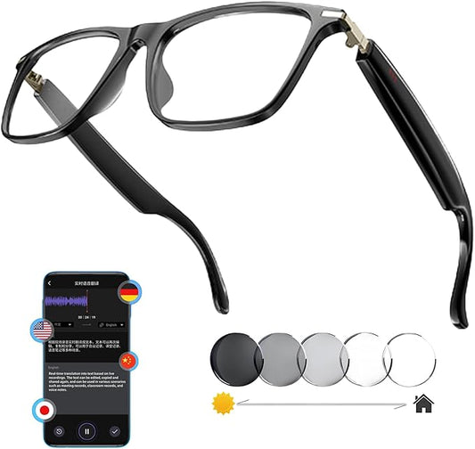 AI Smart Wireless Bluetooth Translation Glasses for Men/Women with Speakers/Bluetooth&140+ Languages Translation Sports/Travel/Drive/Busniess (M1+AI+Color Change Lenses+Black)