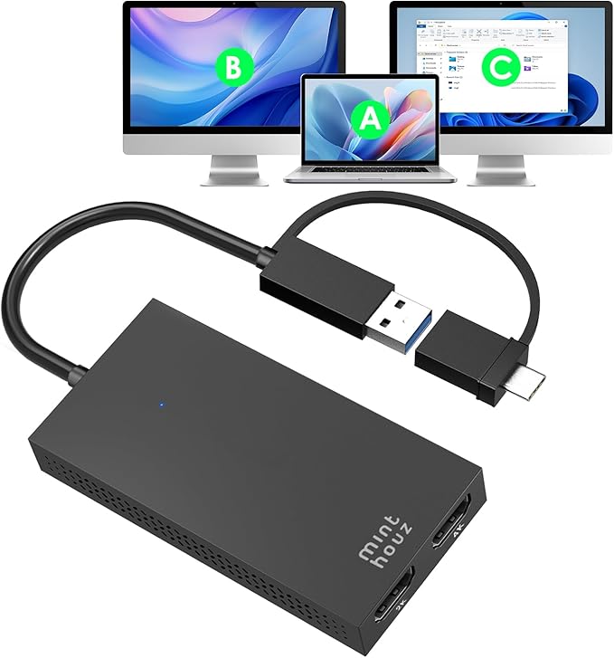 Minthouz HDMI Splitter for Dual Monitors, Universal Video Graphics Adapter for Thunderbolt 5/4/3, USB 4, USB-A/C, Mac and Windows, USB-C to 4K@30Hz &1080p@60Hz HDMI Extender for Windows & MacBook