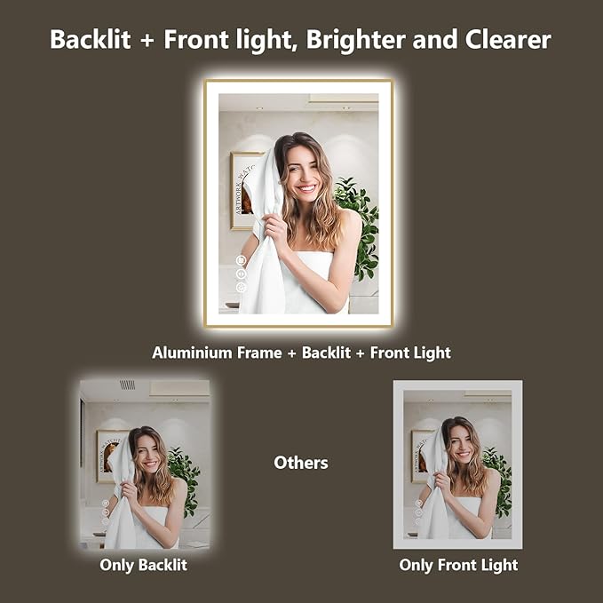 24x36 Inch LED Bathroom Mirror with Lights (Front Lit and Backlit) Gold Framed Lighted Vanity Mirror for Bathroom Wall Dimmable Anti-Fog Memory Tempered Glass Horizontal/Vertical