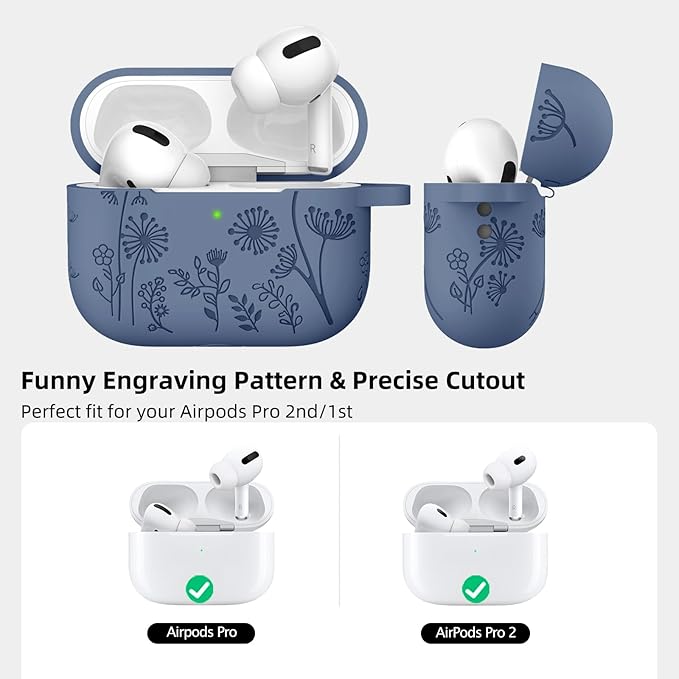 Lerobo Compatible with Apple Airpods Pro 2nd 1st Generation Case Cute Flower Engraved Cover Soft Silicone Skin Cover Full Protective Case for AirPod Pro/Pro 2 Case USB C, Front LED Visible, Blue Gray
