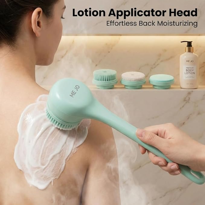 ME JO Electric Body Brush Back Scrubber for Shower | Massaging Spin Brush | 5 Replacement Heads | Waterproof | Rechargeable |Shower Back Scrubber for Men Women | Exfoliating Bath Brush(Green)