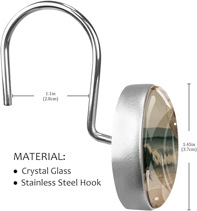 Beach Heron Shower Curtain Hooks, 12Pcs Decorative Rust Resistant Shower Rings for Shower Curtain Rods, Stainless Steel Round Curtain Hooks for Bathroom, Bedroom, Farmhouse