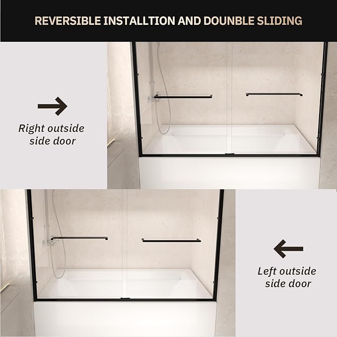 Bathtub Shower Door, 56-60" W x 57" H Semi-Frameless Bypass Double Sliding Tub Door with 1/4 inch Clear Tempered Glass for Walk in Shower, Matte Black