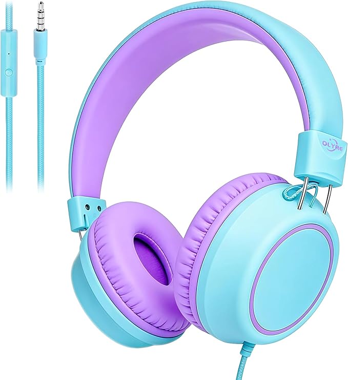 Olyre Kids Headphones, Toddler Headphones with Cord for School Plane Travel, Lightweight Stereo Wired Children Earphones with HD Microphone for Boys Girls for PC Cellphone Tablet(Icy Mint Blue/Purple)