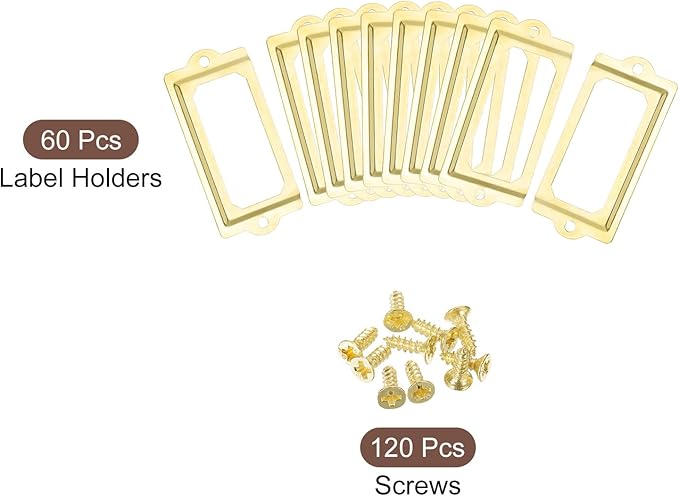 uxcell Metal Label Holders, 70x33mm 60pcs File Name Card Tag Label Holder Frame for Office Library Drawer Cabinet Shelves, Gold Tone