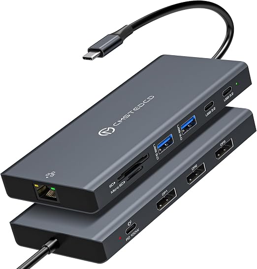 USB C Docking Station 3 Monitors 100W PD 12 in 1 Thunderbolt to Triple Monitor Docking Station USB C Hub Multiple Adapter, 2xUSB-C 3.2, 2xUSB-A 3.0, SD Card, 1000Mbps Ethernet, Light Gray