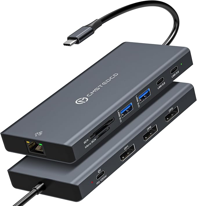 USB C Docking Station 3 Monitors 100W PD 12 in 1 Thunderbolt to Triple Monitor Docking Station USB C Hub Multiple Adapter, 2xUSB-C 3.2, 2xUSB-A 3.0, SD Card, 1000Mbps Ethernet, Light Gray