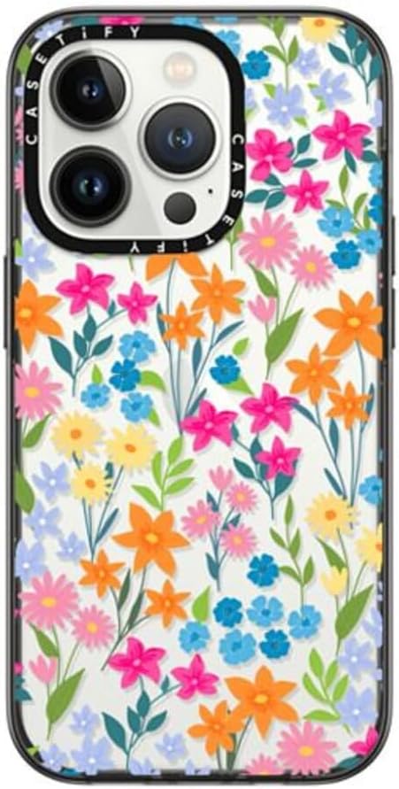 CASETiFY Compact iPhone 14 Pro Case [4 ft. 2X Military Grade Drop Protection/Slim/Lightweight] - Bright Spring Flowers - Clear Black