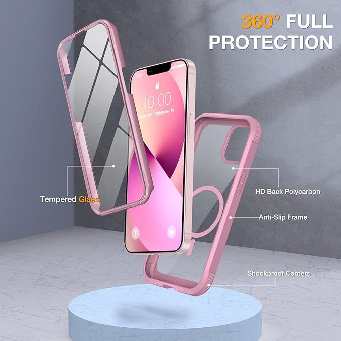 Miracase Compatible with iPhone 13 case 6.1 inch, 2021 Upgrade Full-Body Glass Clear Case Bumper Case with Built-in 9H Tempered Glass Screen Protector for iPhone 13,Pink