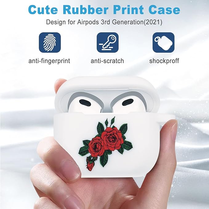 Flower Silicone Compatible with AirPods 3 Case 2021, Gawnock Soft Case Cover Compatible with AirPods 3rd Generation Floral Print Cover for Women Girls with Keychain (Rose Flower)