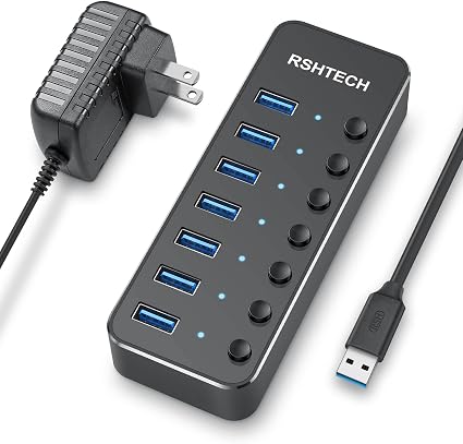 RSHTECH 7-Port Powered USB Hub, USB 3.0 Data Port Extender Hub, RSH-518