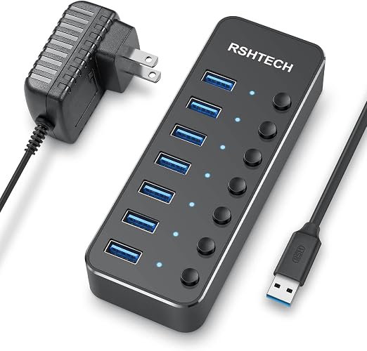 RSHTECH 7-Port Powered USB Hub, USB 3.0 Data Port Extender Hub, RSH-518