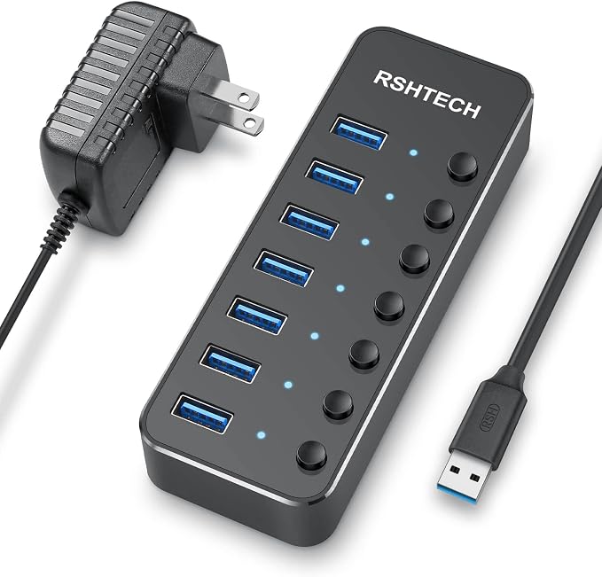 RSHTECH 7-Port Powered USB Hub, USB 3.0 Data Port Extender Hub, RSH-518