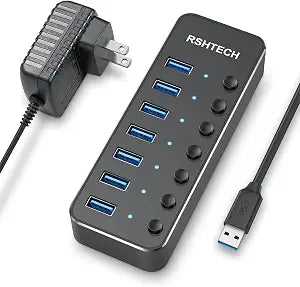 RSHTECH 7-Port Powered USB Hub, USB 3.0 Data Port Extender Hub, RSH-518