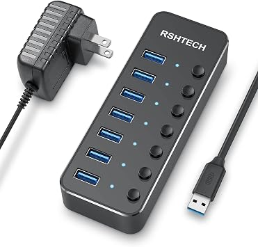 RSHTECH 7-Port Powered USB Hub, USB 3.0 Data Port Extender Hub, RSH-518